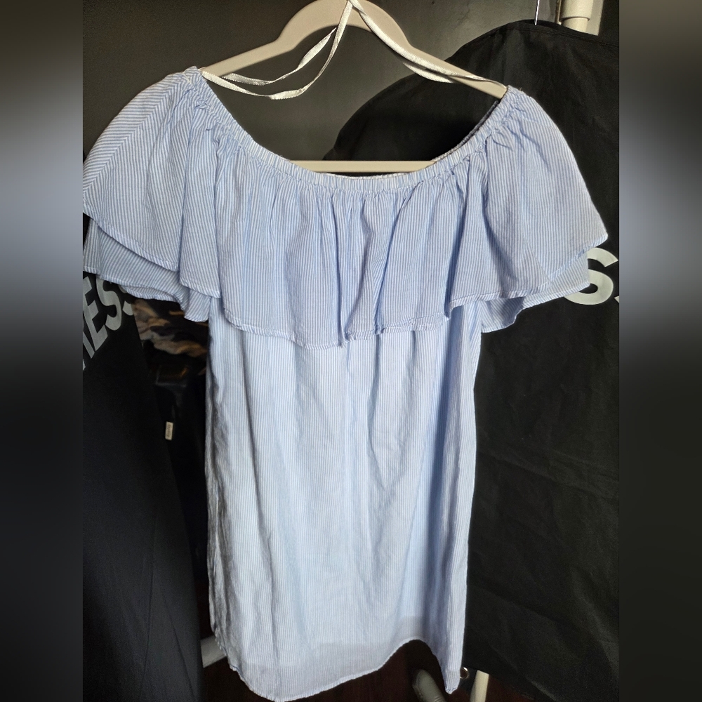 Charming Charlies Light Blue Striped Off-Shoulder Women's Dress